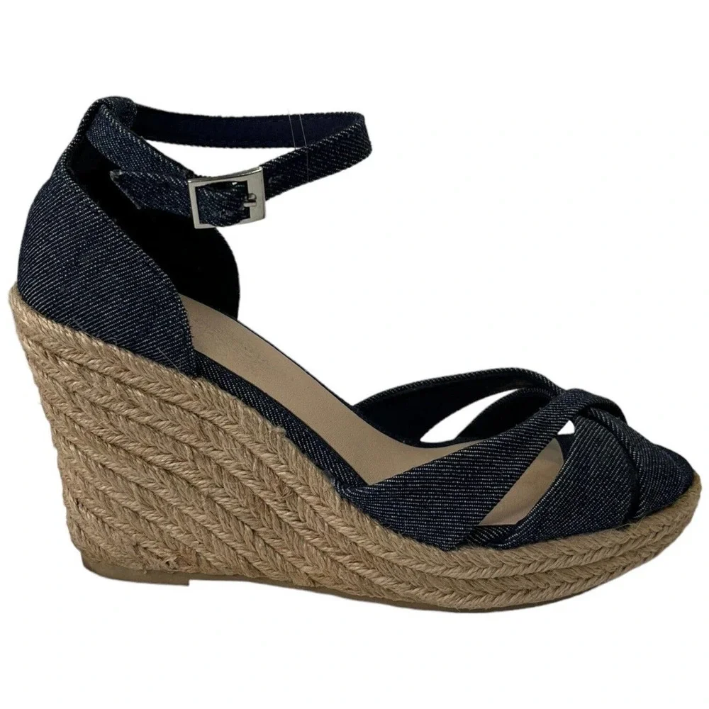 Christian Siriano Espadrille Wedge Ankle Strap Denim Blue Sandals 8